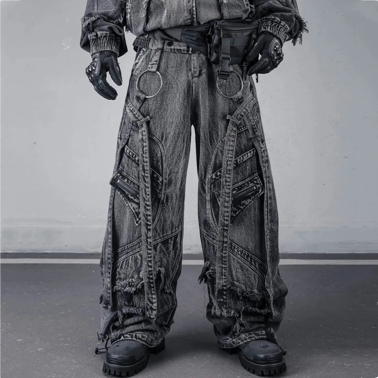 Deconstructed Straps Washed Vintage Cargo Jeans Man Woman Techwear Wasteland Style Wide Leg Tactical Baggy Pants Street Wear