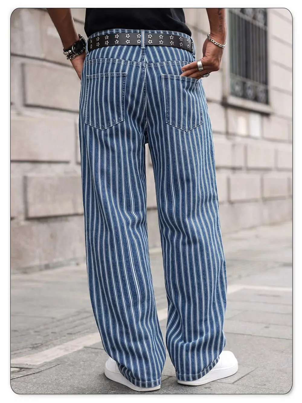 Men's Blue White Striped Jacquard Straight Leg Jeans Baggy Casual Pants Suitable for Work and Leisure Without Elasticity