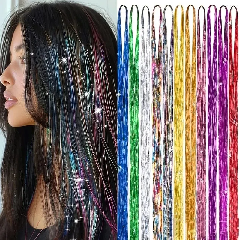 90cm Synthetic 3pcs/set Rainbow Colored Shiny Hair Laser Tinsel Long Straight Heat-Resistant Fairy Hair Extensions Party Daily