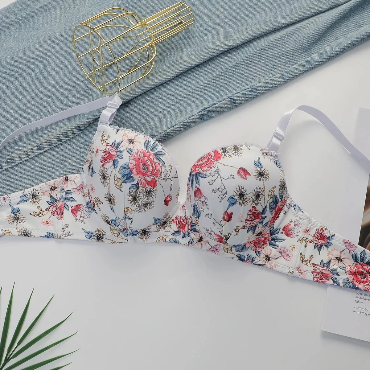 Women Floral Print Bra and Panty Set Push Up Underwire Lingerie Set Sexy Comfort Full Cup Bras and Brief for Everyday