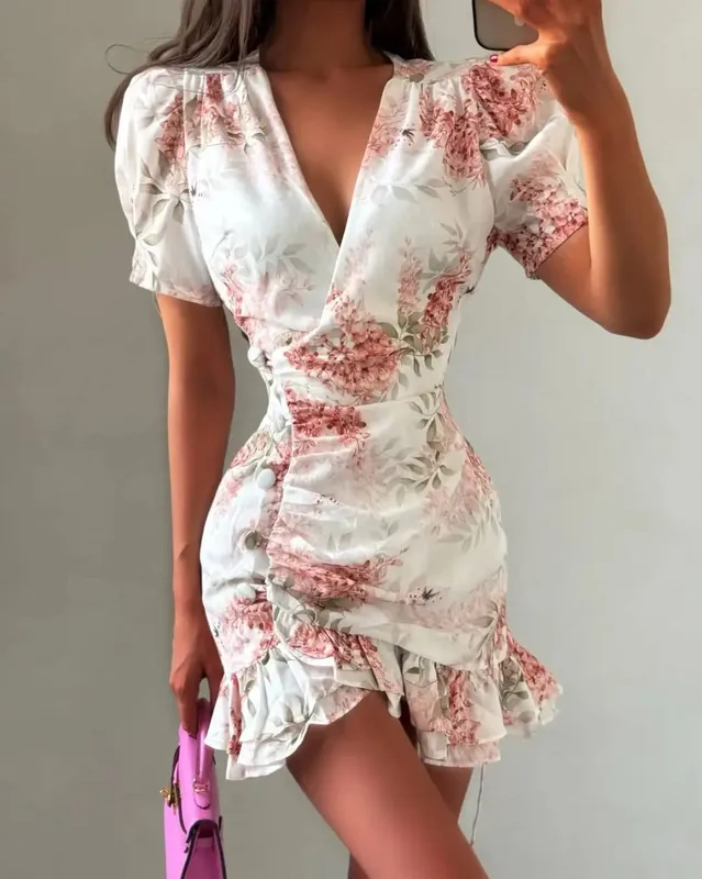 Women Chic Floral Print Bodycon Dress Holiday v-neck Pleated Patchwork Flared Sleeve Ruffle 2026 Summer Casual Latest Vestidos — image 14
