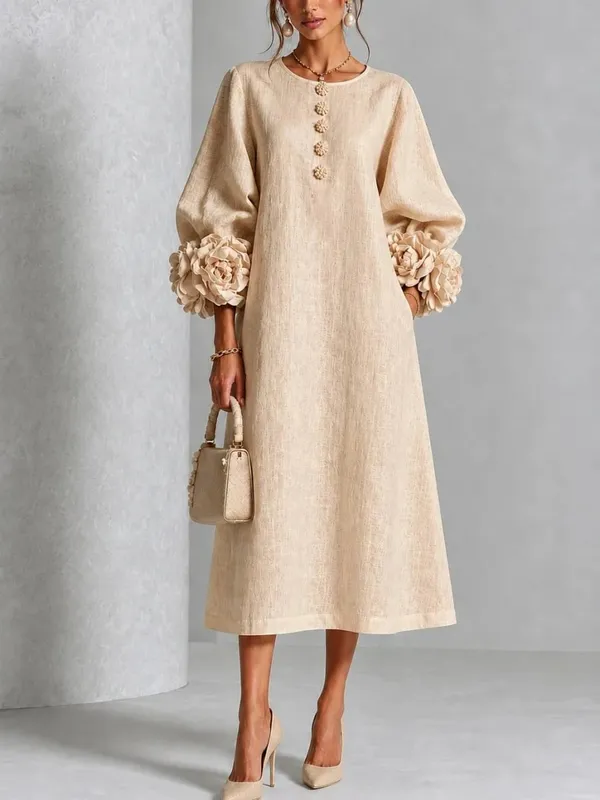 Elegant Women Linen Midi Dress O Neck 3D Floral Lantern Sleeve Button Loose Straight Long Dress Modest Casual Party Dresses