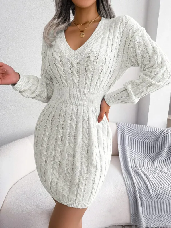 VigoCasey 2026 V Neck Casual Short Knit Dress Autumn Winter Women Solid Long Sleeve Dress Lady Khaki Bodycon Knitted Dresses