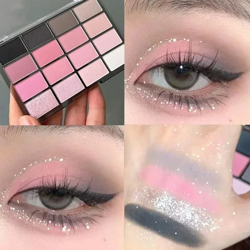16 Colors Black Pink Eyeshadow Palette Glitter Shimmer Pearlescent Matte Low Saturation Style Long Lasting Eye Shadow Eye Makeup