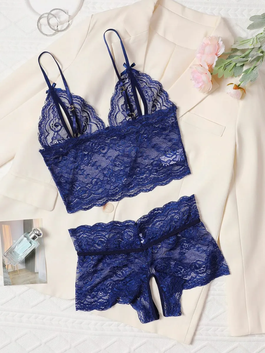 Open Bra 2 Pcs Women Lace See-Through Pajama Black Cute Clothes Comfortable Breathable Suspender Shorts Bra And Brief Set Hollow