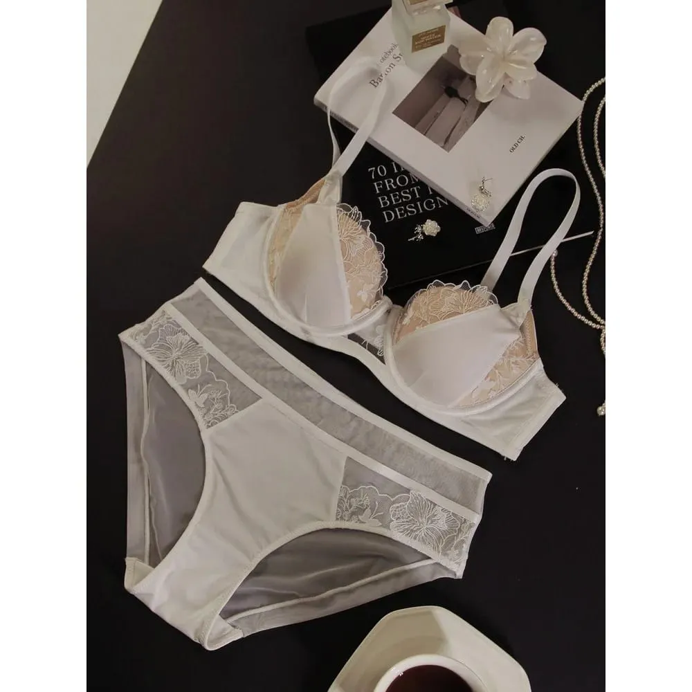 Big Bust D Cup Plus Size Color Block Lace Bra Set Thin Cup Full Coverage Brassiere Lingerie Set Curvy Women Underwear