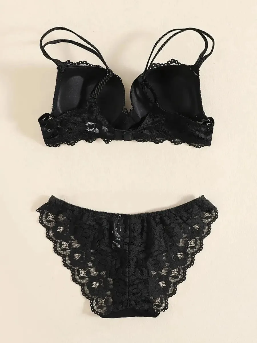 1 Set Elegant Lace Embroidery & Breathable Fabric Lingerie Set: Push-Up Bra Drop Waist Sheer Panty - Ultimate Valentine's Day