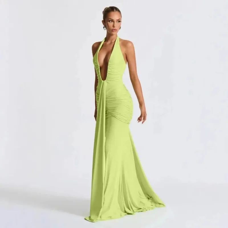 Giyu Sexy Evening Club Party Dresses Women 2025 Summer Ruched Bodycon Dress Deep V Neck Halter Draped Backless Elegant Robe — image 10