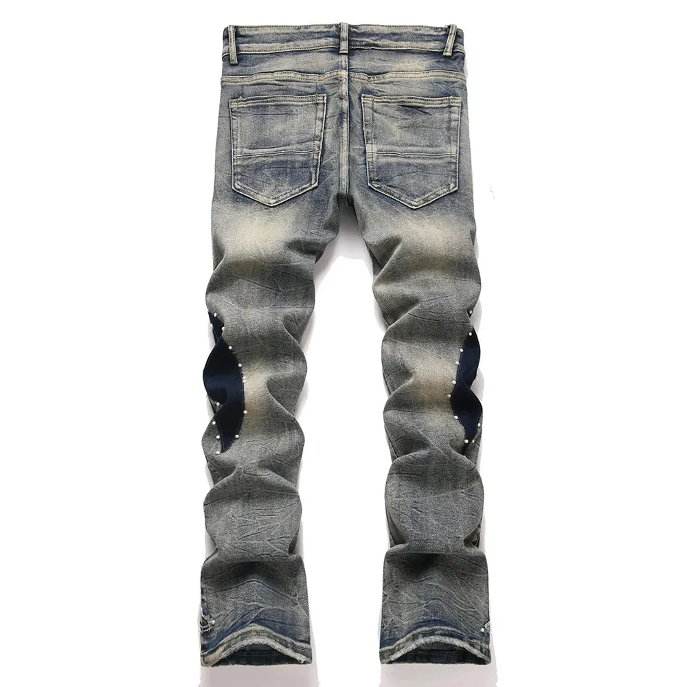 Men's Pearl Boot Cut Denim Jeans Embroidery Patch Slim Flared Pants Casual Streetwear Vintage Blue Trousers