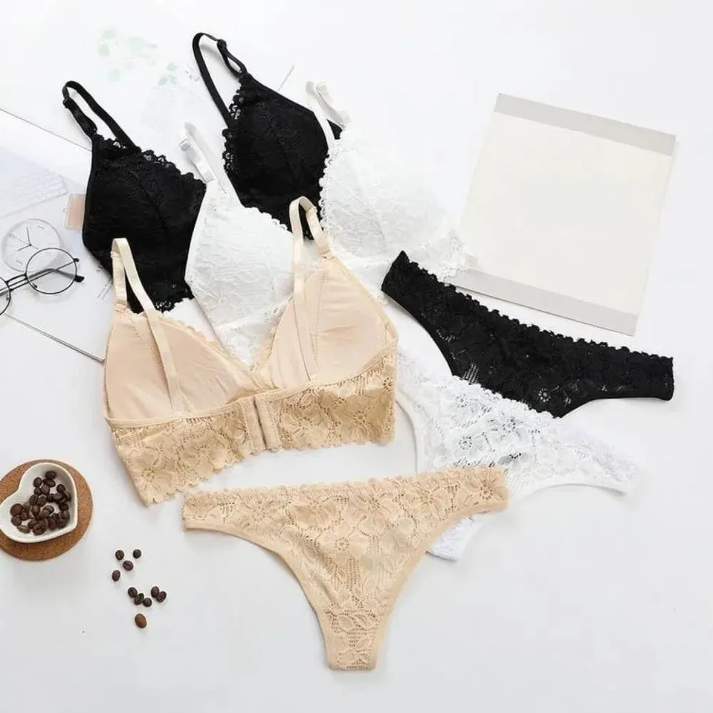 Sweet V Neck Lace Flower Bra Set Thong Solid Color Floral Panties Bra Kit Low Waist Lingerie Lace Underwear Women