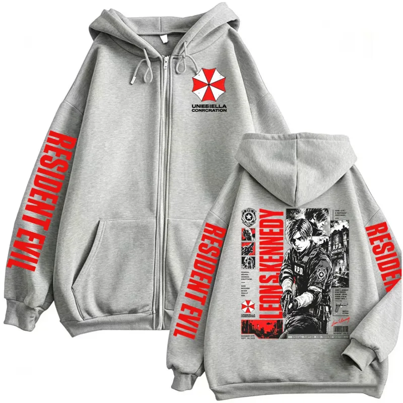 Vintage Gaming Resident Evil Leon Kennedy Zipper Hoodies Men's Fashion Classic Gothic Sweatshirts Jacket Bodywarmer Zip Up Coats