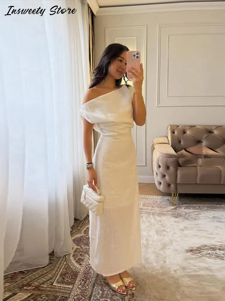 Elegant One Shoulder Solid Dress Women's Waist-cinching Side Split Ankle-length Dresses 2026 Summer New Lady Casual Cozy Robes — image 7