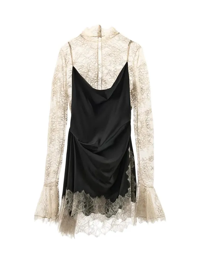 Elegant Women's Lace Trim Satin Dress High Neck Bell Sleeve Vintage Black Party Clubwear Chic Cocktail Mini Dresses Chic Outfit