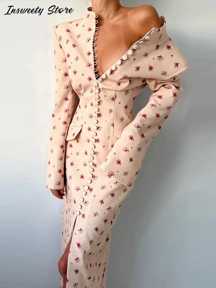 Elegant Printed Split Maxi Dresses Women's Slim With Shoulder Pad Single Breasted Full Sleeves Dress 2026 Summer New Lady Robes