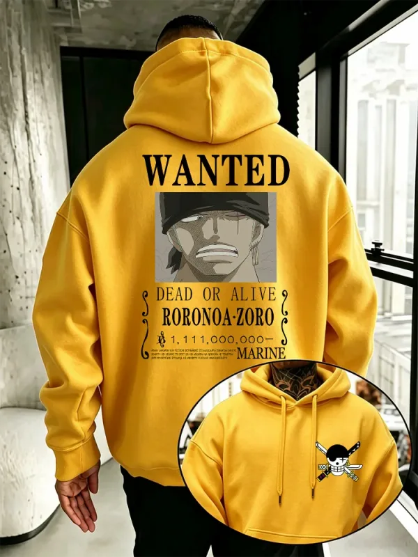 Bandai One Piece Mens Hoodie New Autumn Winter High Quality Warm Pullover Featuring Zoro Wanted Poster Print Casual Style