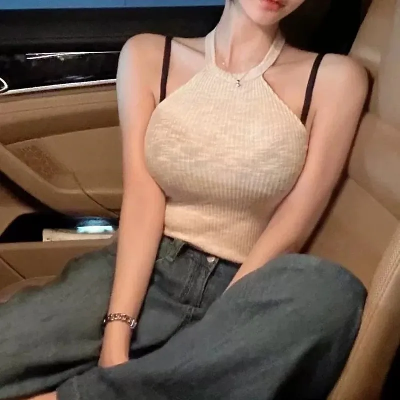 Halter Off Shoulder Crop Top Korean New Arrival Elegant Slim O-Neck Tank Top Women Fashion Figure Flattering Sleeveless Camis