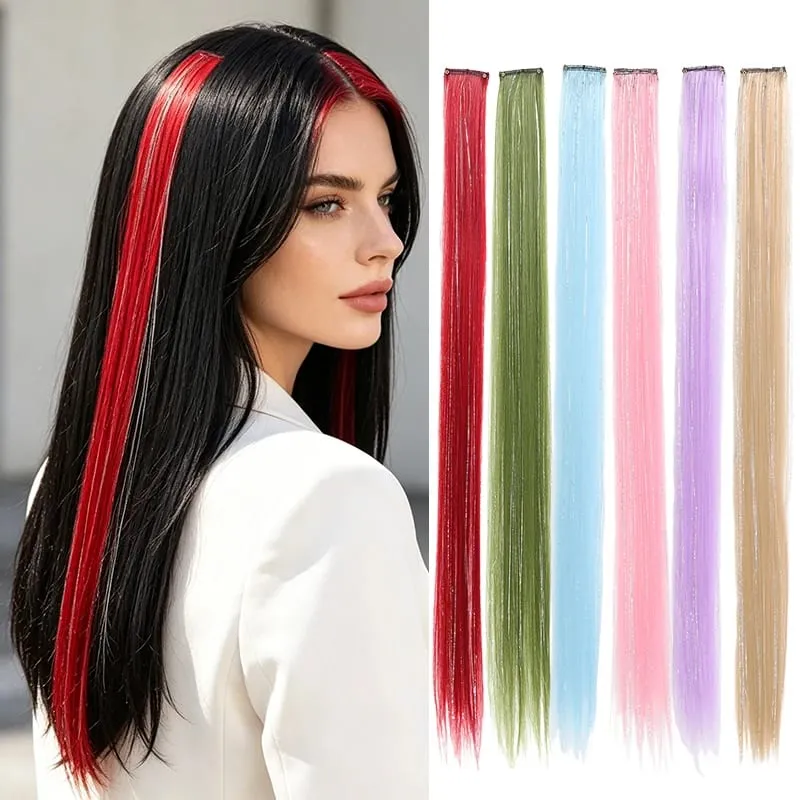 BB Clip in Synthetic Hair Extensions with Laser Silver Threads Colorful Shiny Hair Pieces for Party Daily Use No Damage