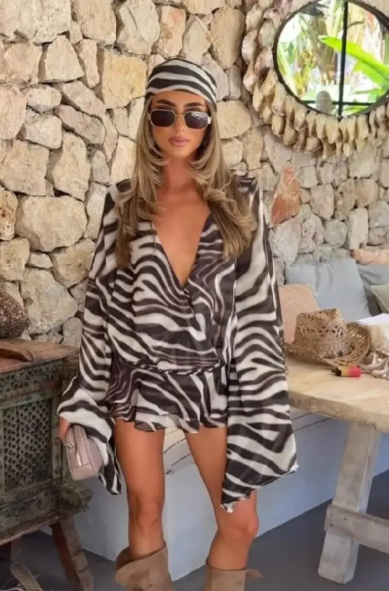 Chic Y2k Retro Zebra Striped Mini Gown Plunge V Flowy Light Women Dresses Party Street Going Out Vintage Summer Streetwear