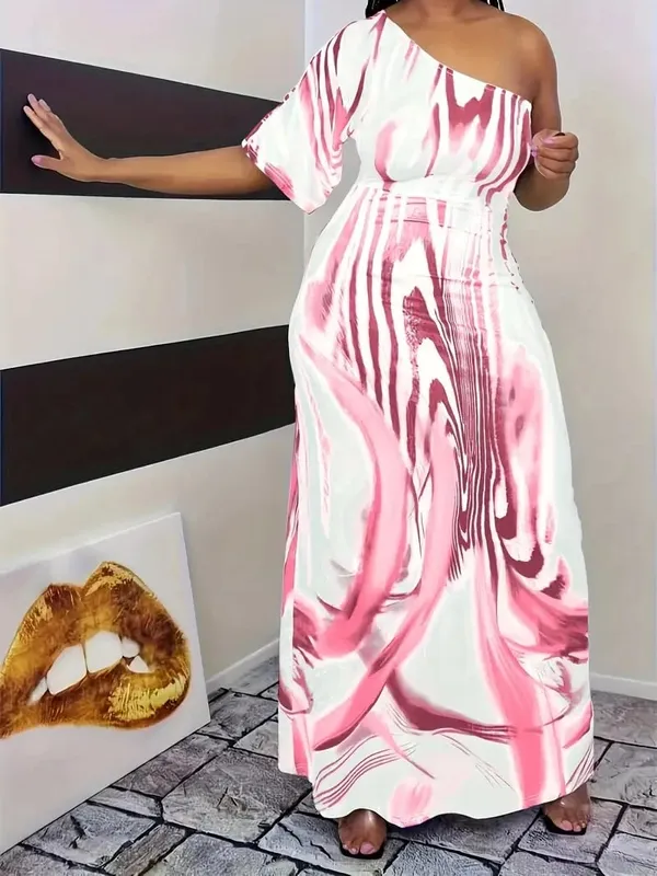 Plus size new women's fashion casual milk white printed single sleeved off shoulder dress long skirt