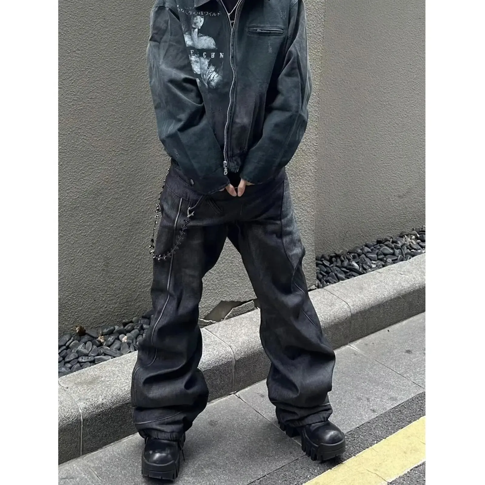 Men's 2025 Fall Trendy Streetwear Black Gray Straight Leg Denim Jeans American Vintage Flared Zippered Floor-Length Pants — image 3