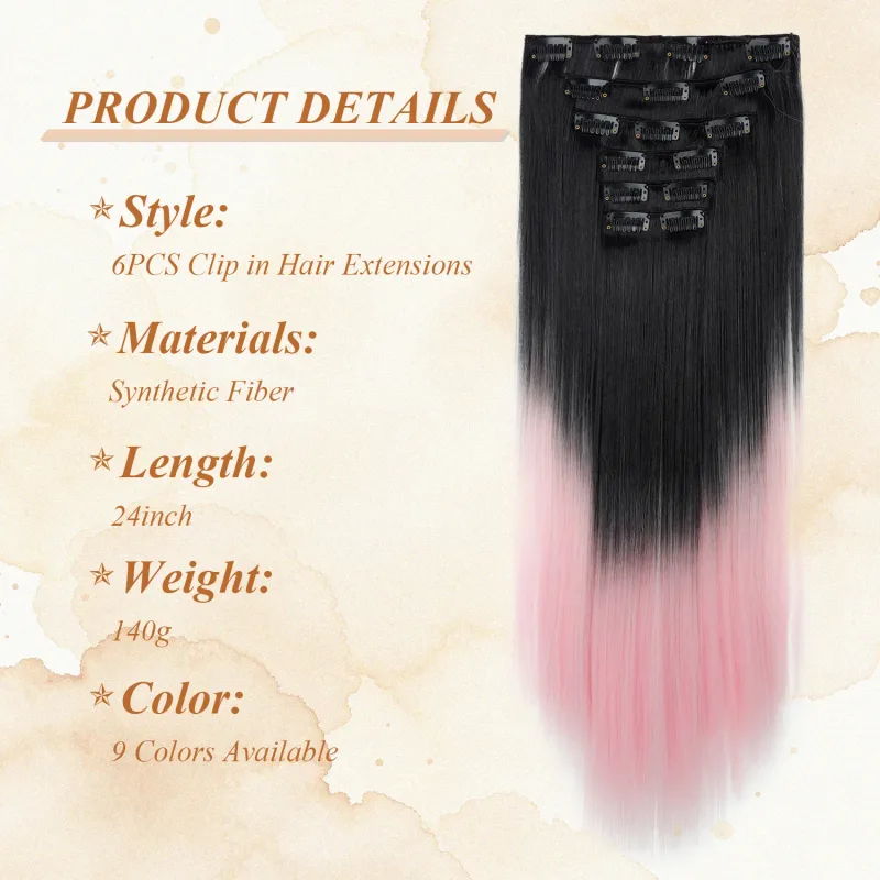 6Pcs 24 inch Ombre Color Clip-in Hair Extensions Long Synthetic Straight Hairpieces Layered Soft Invisible Clip Ins Extensions