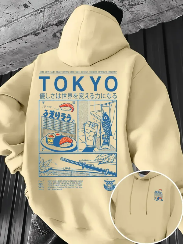 Loose-fit Men's Hooded Sweatshirt Tokyo-style Japanese Cuisine Woodblock Print Multi-panel Japanese-style Printed Pullover Top