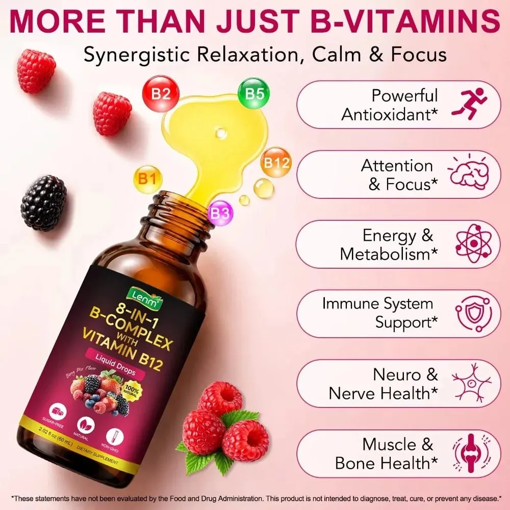 Lenm B Complex Liquid Drops 8-in-1 with B12 2000mcg B1 B2 B3 B5 B6 B7 Folate for Energy & Metabolism Support Sugar-Free 60ML