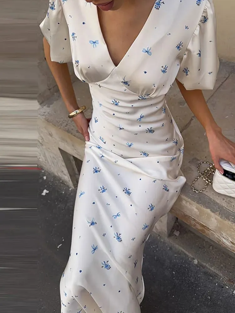 Elegant Print Women Long Dress Fashion V-neck Pleated Flutter Short Sleeve Empire Female Dresses 2026 Summer Chic Female Robe