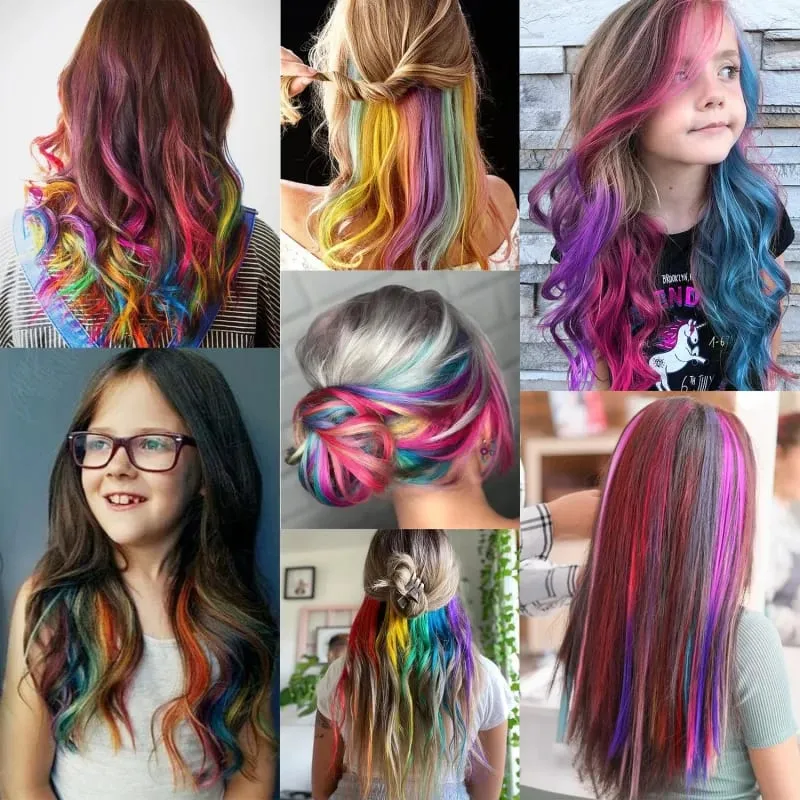 1 5 11 Pcs/lot Clip in Hair Extensions Multi-Colors Highlights Synthetic Hair 22 inch Rainbow Hairpieces for Girls Women 2030