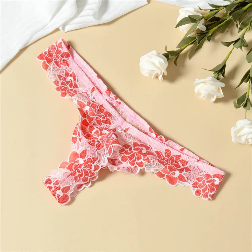 Men Floral Lace Thong Low Rise Elastic Waist G‑String Breathable See‑Through Floral Print Male Underwear Sexy Lingerie Panties