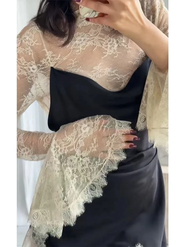 Elegant Sexy Lace Patchwork Mini Dress Women Full Flared Sleeve Waist Cinching See Through Short Dresses Lady Club Party Gowns