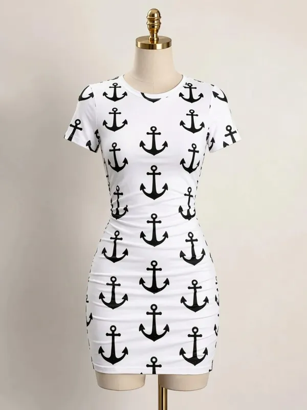 Womens Short Sleeve Bodycon Mini Dress Slim Fit Crew Neck Floral Print Casual Summer Party Flattering Lightweight Party Sundress — image 12