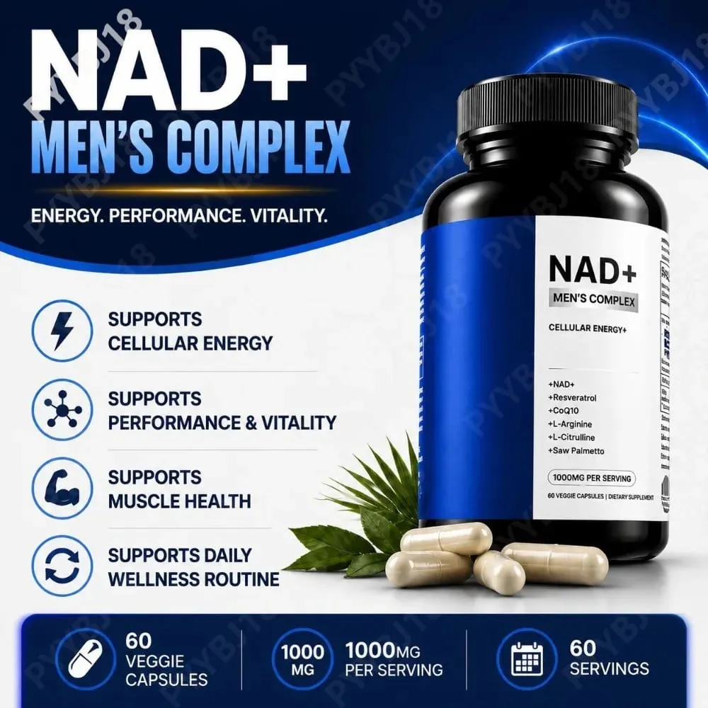 NAD+ Men's Complex Capsules 1000mg with CoQ10 Resveratrol Cellular Energy & Vitality Supplement Supports Muscle Health 60 Count — image 2