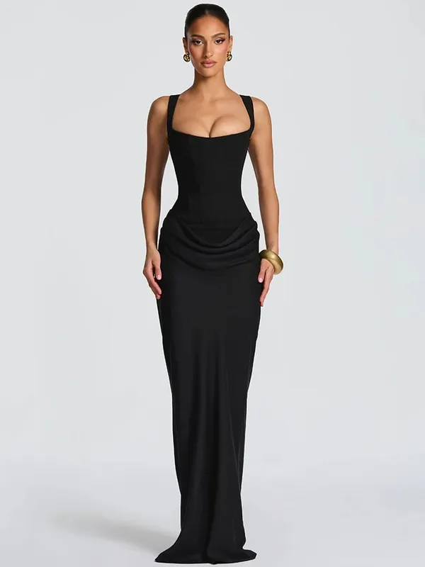 Mozision Elegant Backless Sexy Maxi Dress Women Gown Fashion Square Collar Sleeveless Skinny Ruched Club Party Long Dresses