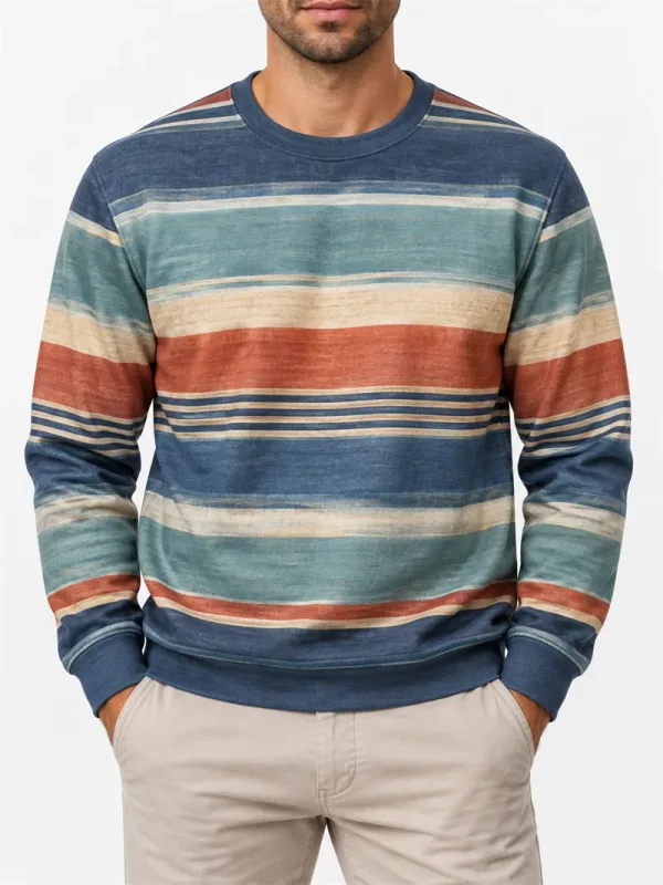 Moletom masculino listrado vintage, gola redonda, casual, manga comprida, pulôver, bloco de cores, outono, moda diária, top clássico