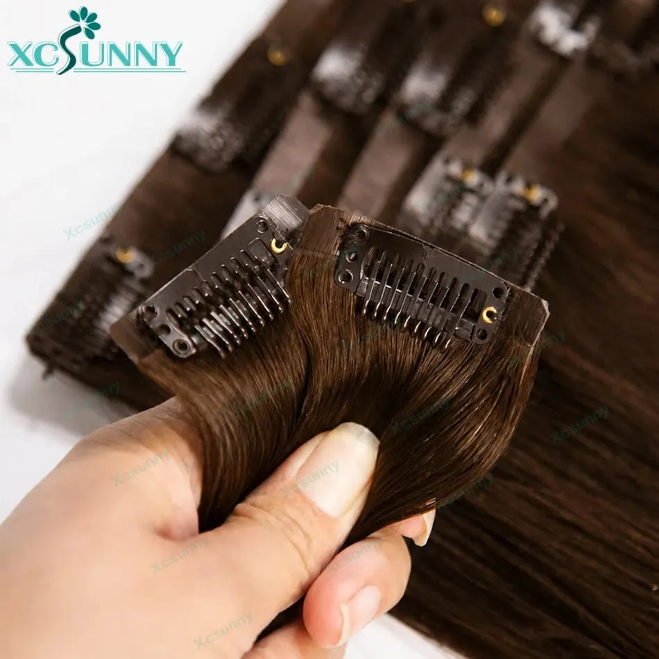PU Clip Ins Human Hair Extensions Chocolate Brown Color 4 Skin Weft Silky Straight Clip In Hair For Women 240g A Full Head