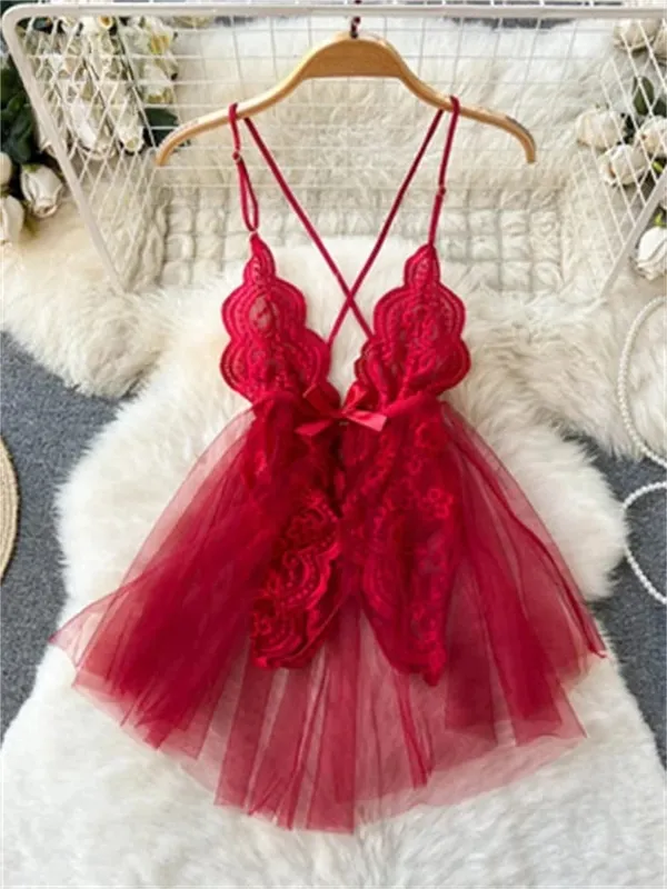 Women Sensual Lace Dress Women V-Neck Open crotch Slim Comfortable Dress Fashion Breathable Sheer Mesh Short Dress New