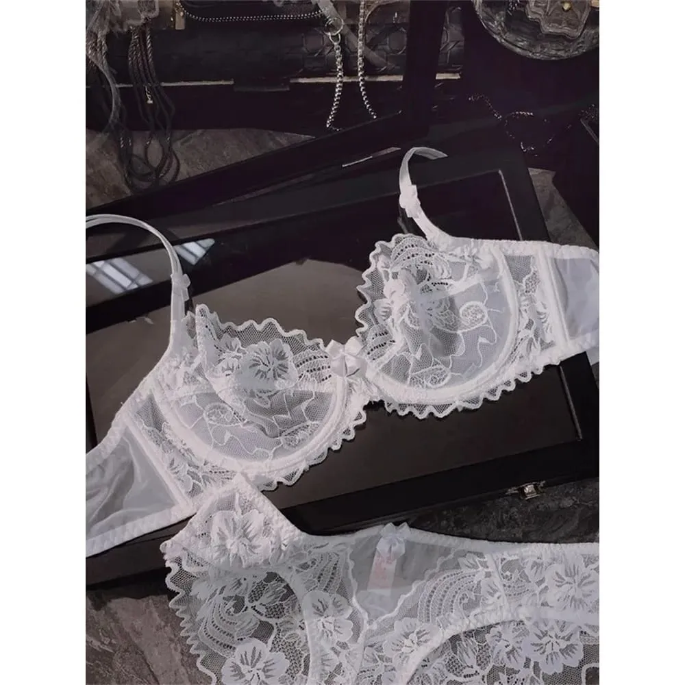 French Ultra Thin Sheer Lace Bra Set Underwire Perspective Beauty Back Large Bust Minimizer Side Shaping Anti Sag 32-38 Bra Set