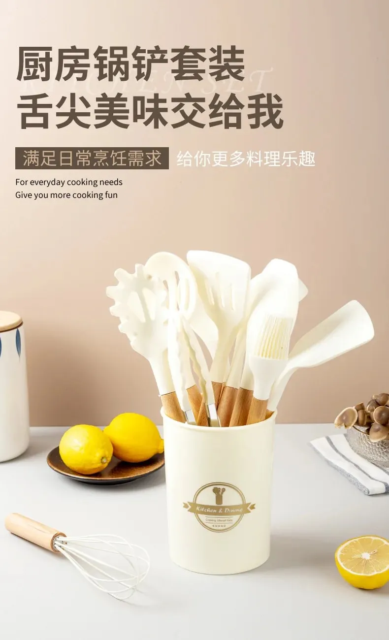 2/12Pcs White Silicone Kitchen Utensils Set with Wooden Handle Cookware Spatula Heat Resistant Non-stick Kitchen Cooking Tools