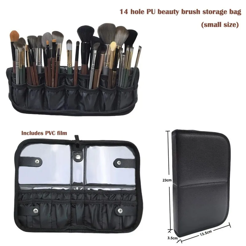High Quality 14/23/29 Holes PU Cosmetic Makeup Brushes Pouch Portable Black Waterproof Oxford Beauty Brush Bag Organizer