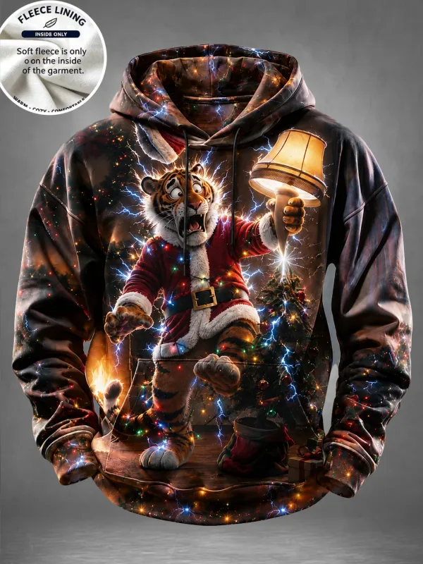 Men Fleece Lined Hoodie Comic Santa Christmas Print Pullover Hooded Sweatshirt Casual Winter Hoody