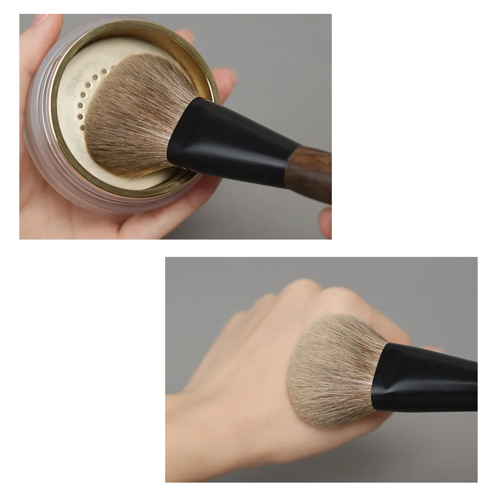 T107 pinceaux de maquillage professionnels faits à la main poils de chèvre naturels pinceau rond plat pour poudre pour le visage manche court en bois d'ébène pinceau de maquillage