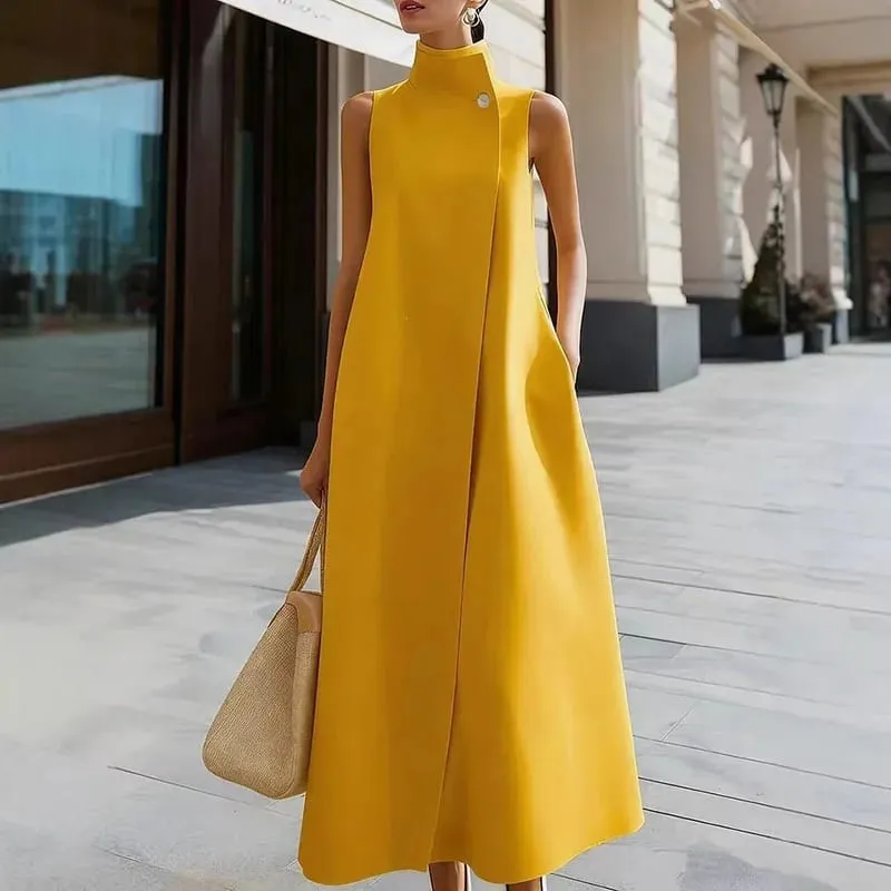 Simple Fashion Single Button High Neck Maxi Dress Women Spring Solid Pocket A-Line Long Dress Summer Sleeveless Bohemian Dresses — image 4