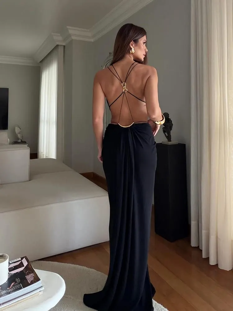 Sexy Hallow Out Long Party Dress Women Slim Sleeveless Backless Chic Pleated V-neck Ring Dresses Female 2026 Summer Lady Robe