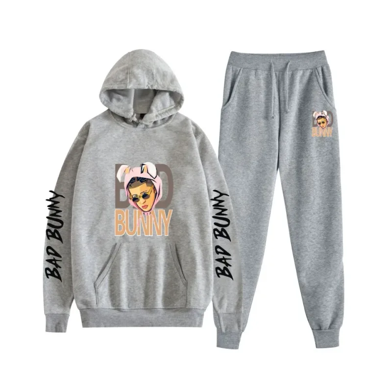 Harajuku Comfortable bad bunny Print Sweatshirt Sweatpants Suit Women's Hoodies+ Trousers Suit Boys/Girls 2 Piece Set Clothes