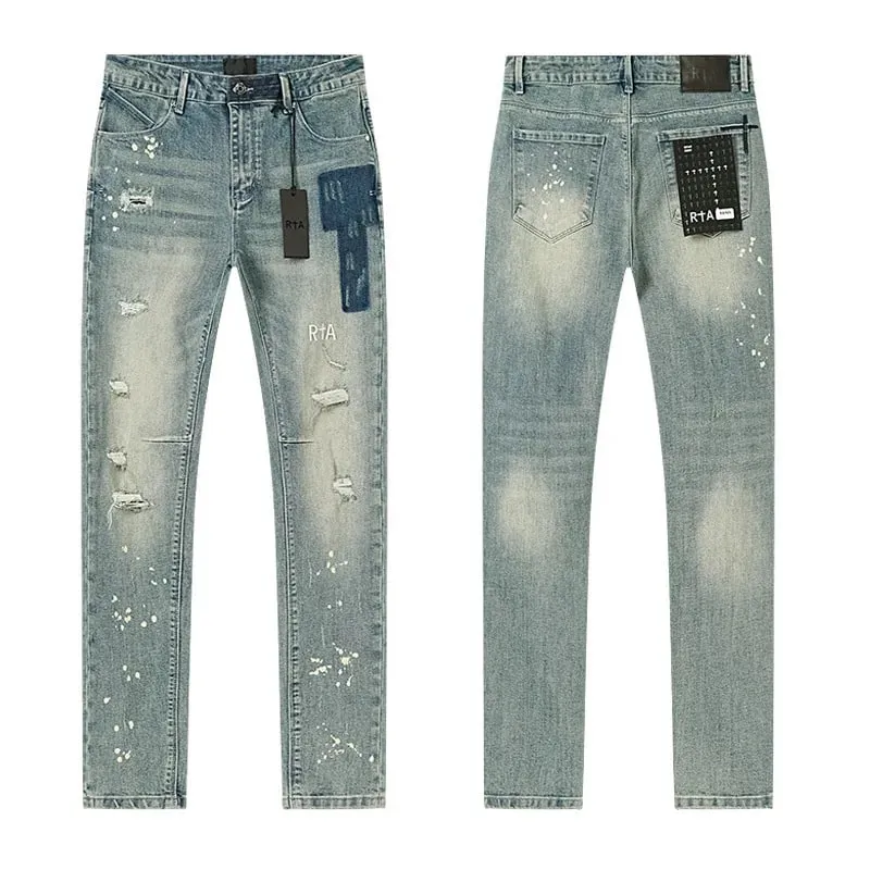 New RTA Destroyed Scratch Hole Light Blue Distressed Jeans Men's High Street Elastic Slim Fit Jeans 2026 Brand Pants Streetwear — image 6