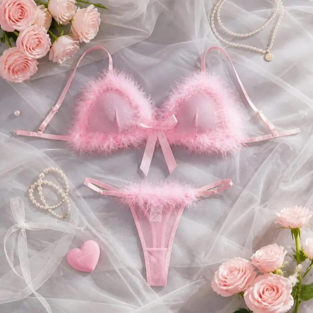 Sweet Furry Women's Underwear Mesh Transparent Wireless Lingerie Set Romantic Intimate Bow Decor Bra Panties Suit Christmas