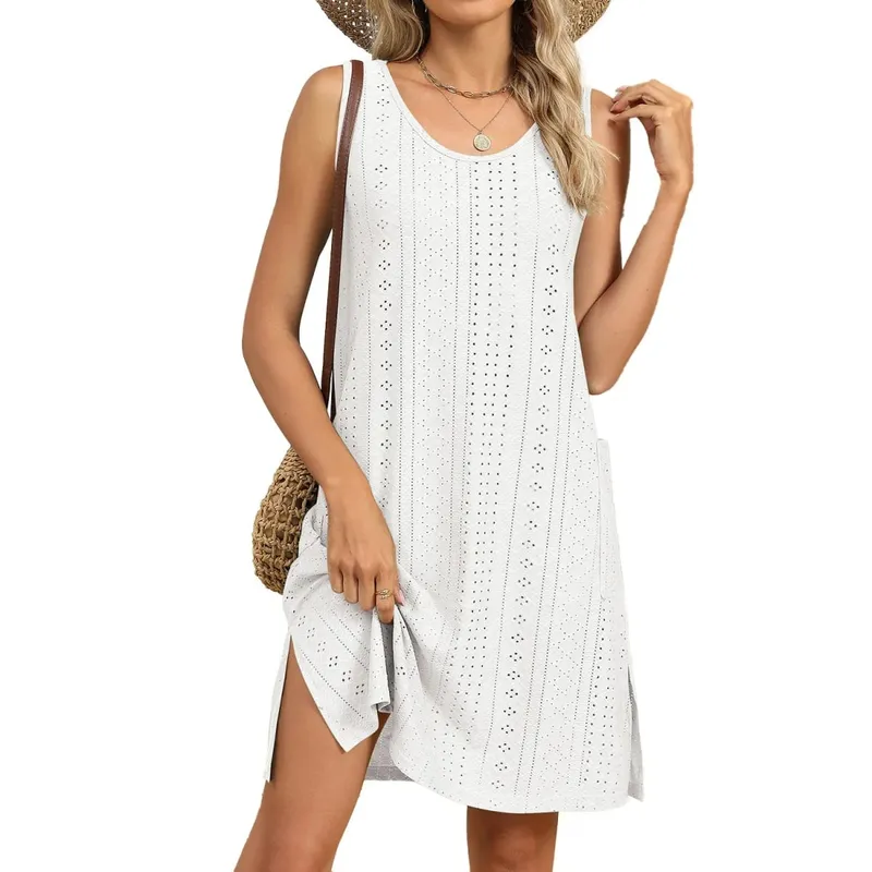 Summer Women's Dress Knit Midi Dresses Sleeveless Round Neck Casual Dress Eyelet Lace A Line Dress Pastel Blue For Woman