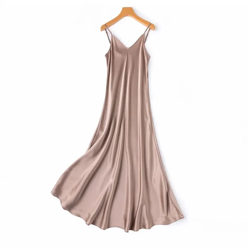 2026 Women's Fashion New 21MM 100% Natural Mulberry Silk Plain Satin Extended French Sexy Adjustable Shoulder Strap Solid Dress