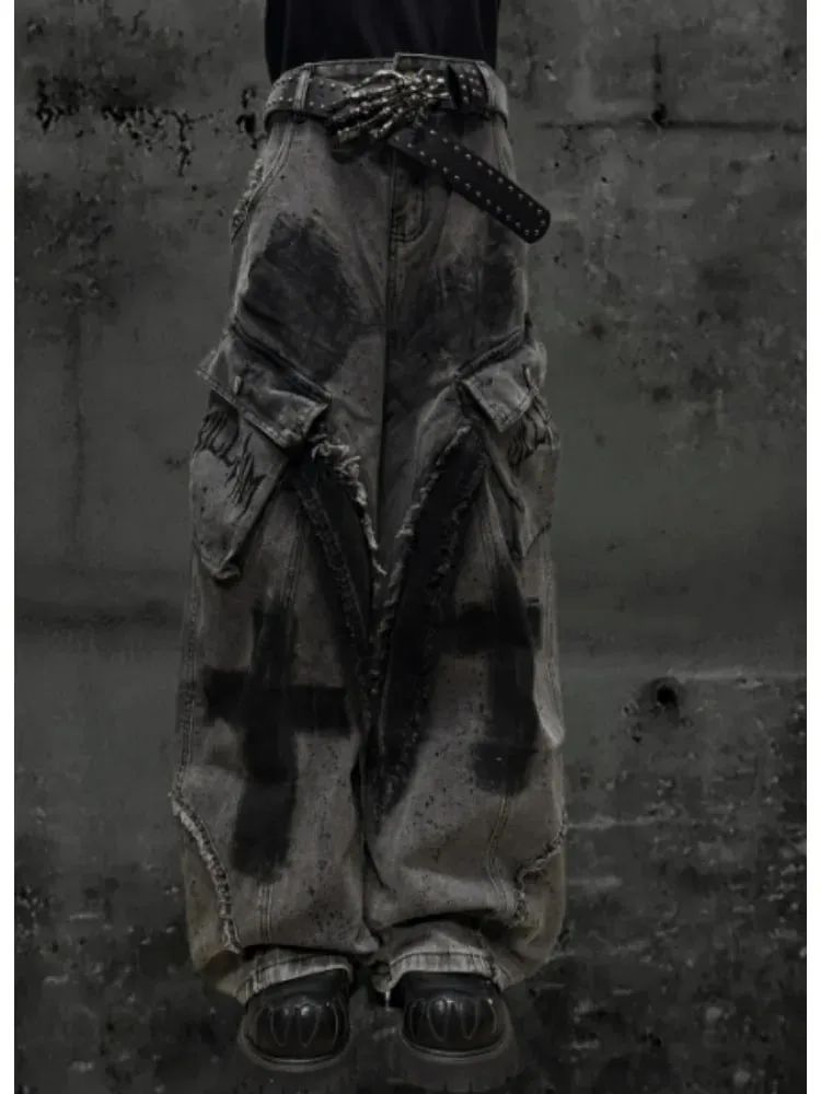Unsiex Gothic Punk Jeans 2026 Distressed Splash Ink Jeans For Women Men Y2K Graffiti Wide Leg Pants Loose Fit Washed Denim